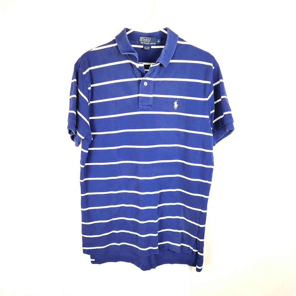 Vintage Polo Ralph Lauren Blue and White Striped Short Sleeved Polo Shirt Preppy